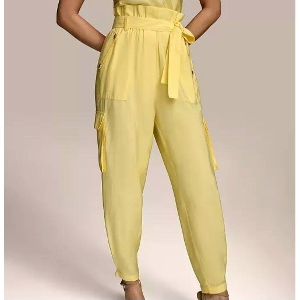 Donna Karan New York Belted Yellow Straight Leg Cargo Pants Womens Size 8 NWT